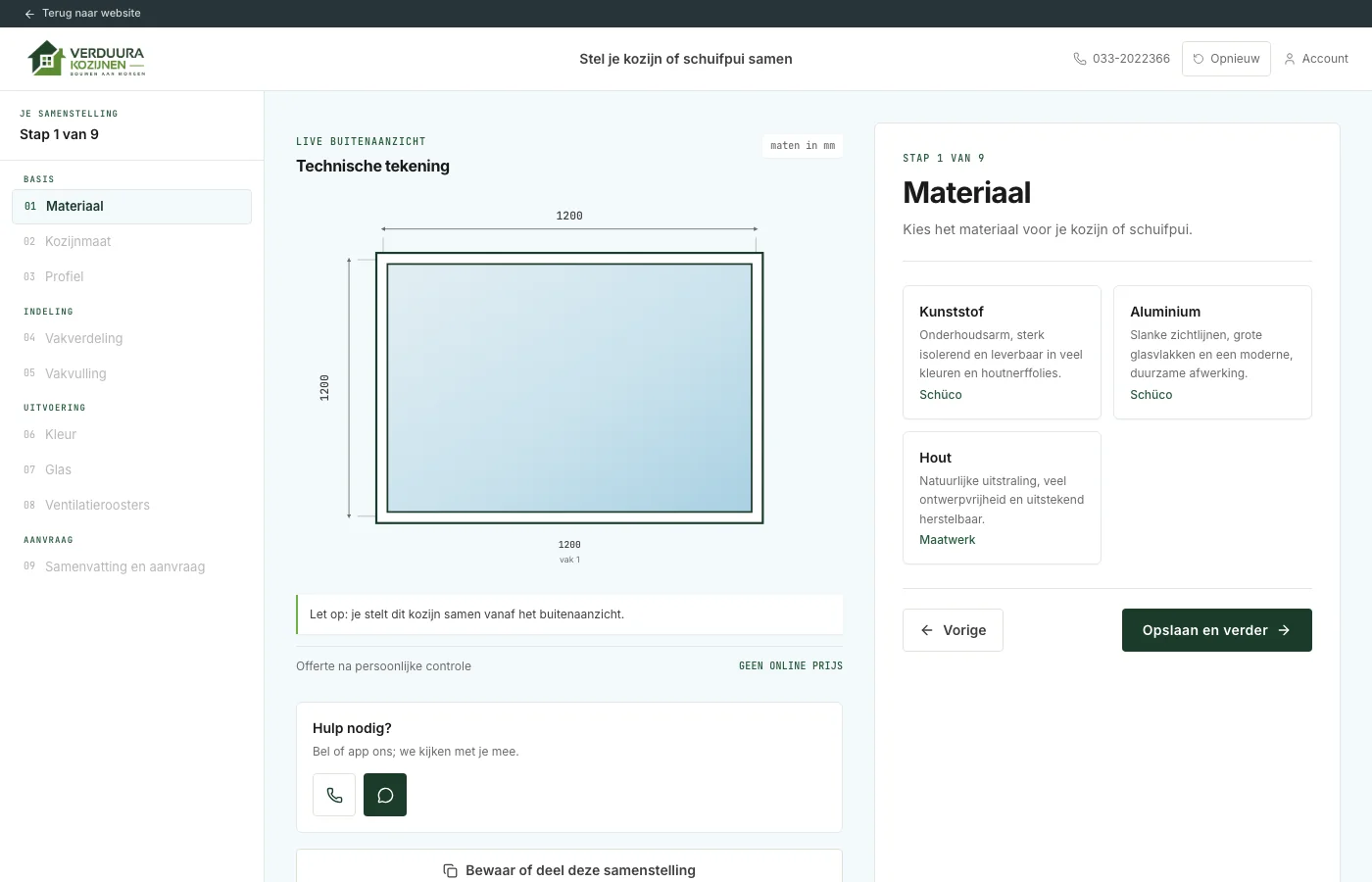 Werkelijke weergave van de Verduura kozijnconfigurator